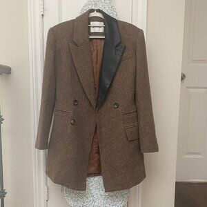 Classic Brown Tweed  Leather Lapel Double-Breasted Blazer Jacket Coat